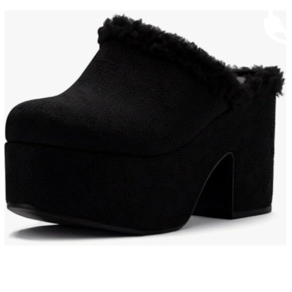 Pazzion Black Knit Platform Round Toe Mule Clogs Slip On Chunky Heel Slipper - Picture 1 of 8